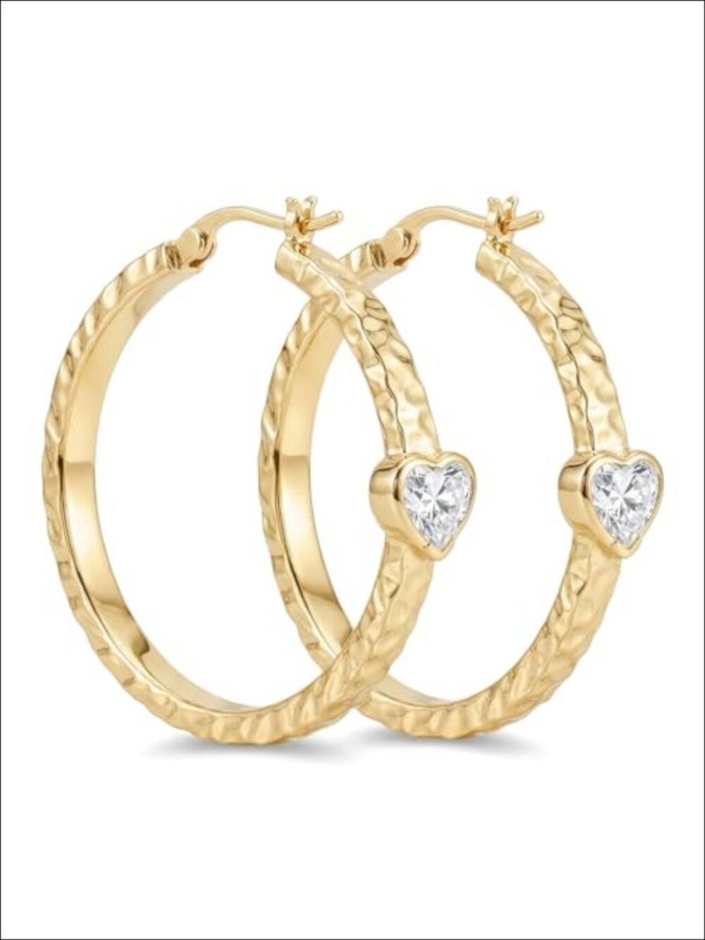 14k Gold Plated Hoop Earrings Heart Cubic Zirconia Textured Women